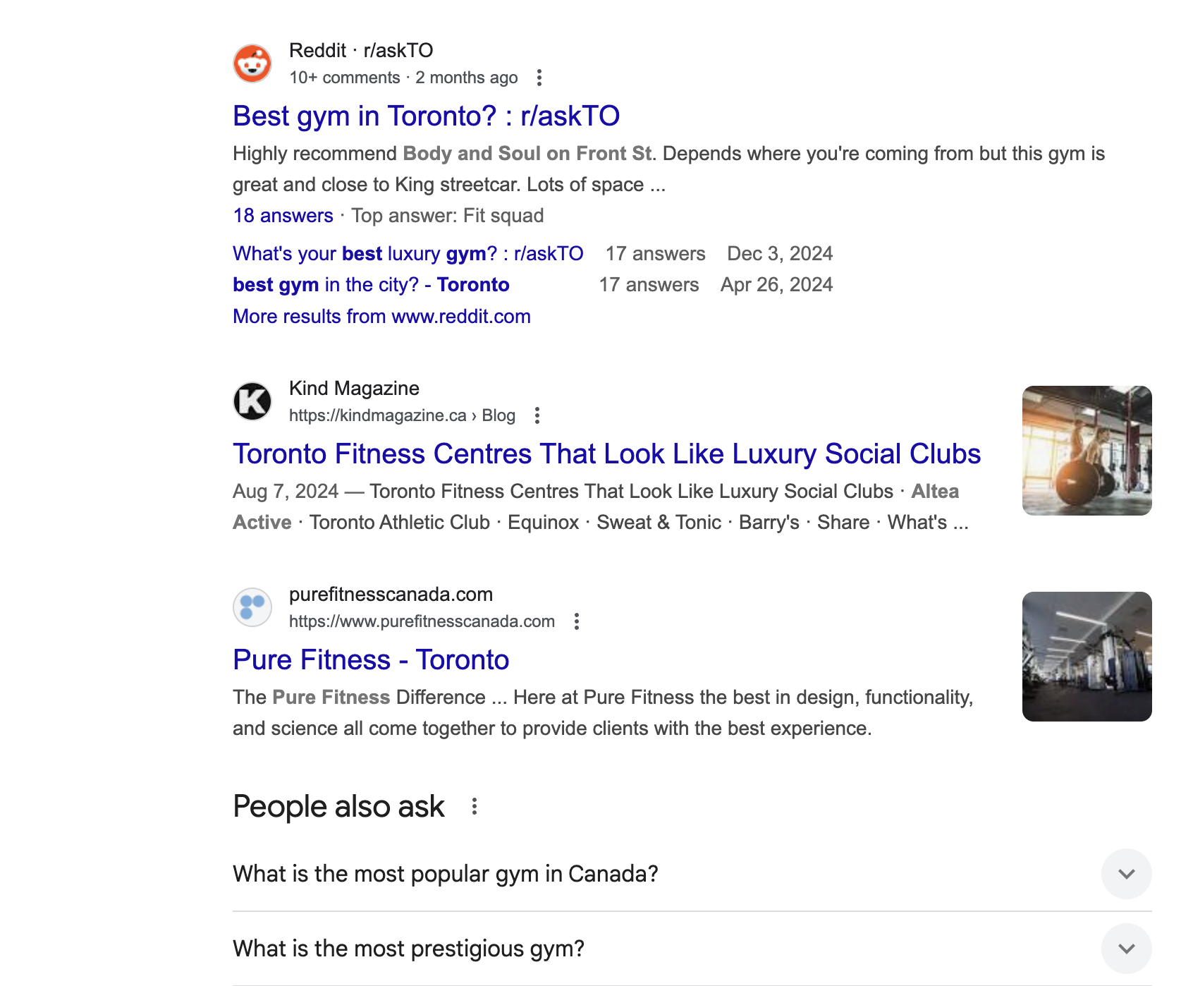Google search results for best gyms Toronto